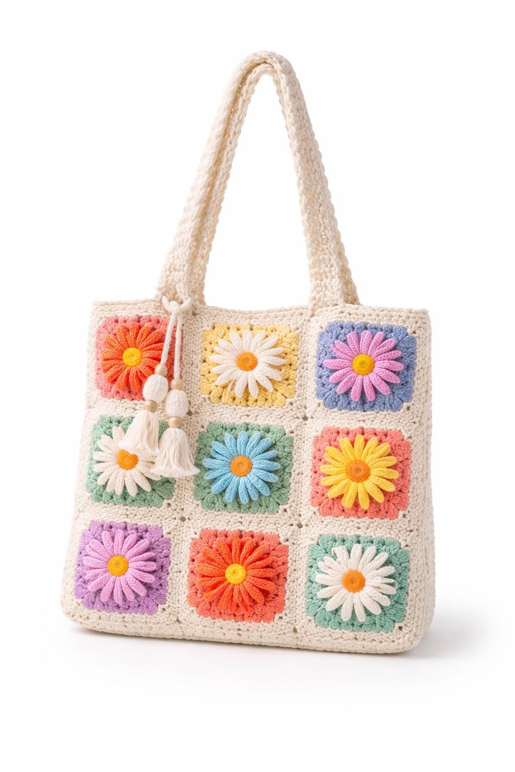 Crochet Daisy Granny Square Tote Bag