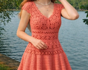 Weißes Häkelspitze-Kleid-Muster, V-Ausschnitt, Floral, Boho-Stil (PDF)