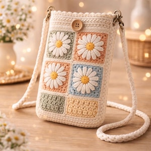 May include: Cream-colored crochet crossbody bag with daisy flower squares. The bag features a button closure and a braided strap. The daisy squares are white with yellow centers and are set against pastel-colored backgrounds.