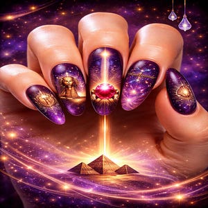 Puede incluir: Uñas moradas con diseños temáticos egipcios. Cada uña muestra una imagen diferente, incluyendo un escarabajo, una esfinge, una gema brillante y un cielo estrellado. El fondo presenta pirámides y un tema cósmico.