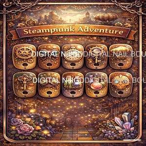 May include: Digital artwork showcasing ten steampunk nail designs. Each design features gears, clocks, keys, and other mechanical elements. The banner reads "Steampunk Adventure". The background depicts a detailed cityscape with a steampunk aesthetic.