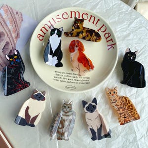 May include: A collection of cat and dog-shaped decorative items. The items are in various colors and patterns, including black, white, brown, and orange. Some items are on a plate with the words "amusement park" and other text.