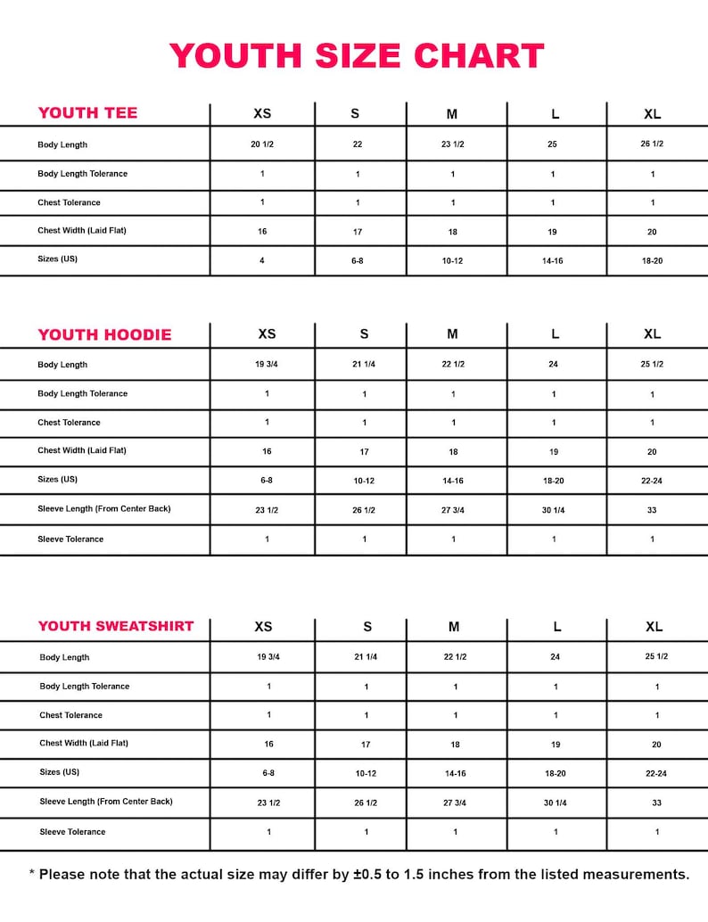 Puede incluir: Tabla de tallas para j&oacute;venes para camisetas, sudaderas con capucha y sudaderas. La tabla incluye medidas de largo de cuerpo, ancho de pecho y largo de manga en cm, junto con tallas de EE. UU., que van de XS a XL.