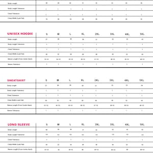 Puede incluir: Tabla de tallas para camisetas, sudaderas con capucha, sudaderas y manga larga unisex. Las medidas est&aacute;n en pulgadas, tallas de la S a la 5XL. Incluye largo del cuerpo, ancho del pecho y largo de manga.