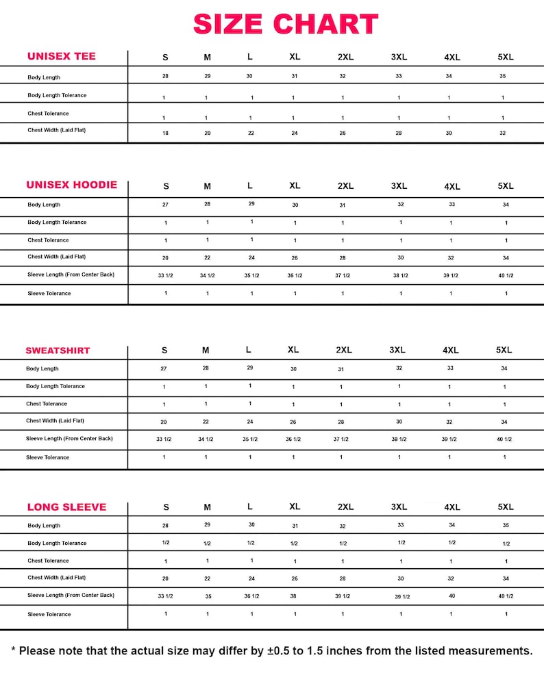 Puede incluir: Tabla de tallas para camisetas, sudaderas con capucha, sudaderas y manga larga unisex. Las medidas est&aacute;n en pulgadas, tallas de la S a la 5XL. Incluye largo del cuerpo, ancho del pecho y largo de manga.