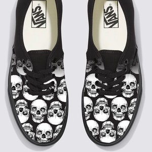 Multiple Skull Head Tile Print Spooky Black/Black Vans Authentic Shoes - Skull Skeleton Anatomy
