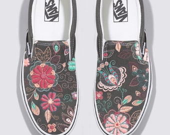 Embroidery Inspired Charcoal Vans Slip On Shoes - Custom Vans Shoes for Men and Women