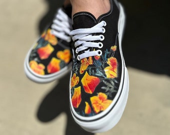 Orange Poppy Flower Spring Floral Nature - Black Authentic Vans