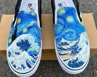 The Great Wave and Vincent Van Gogh Starry Night BLVD Original Slip On Shoes for Women and Men