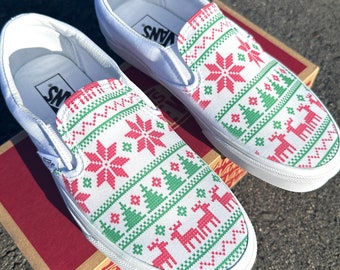 Ugly Christmas Sweater Print Holiday Season Custom Slip On Vans