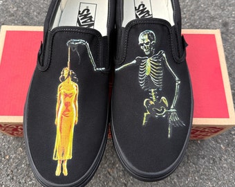 Horror Movie Skeleton Hanging Spooky Scary Halloween Custom Slip On Vans Shoes For Men and Women Black on Black Vans