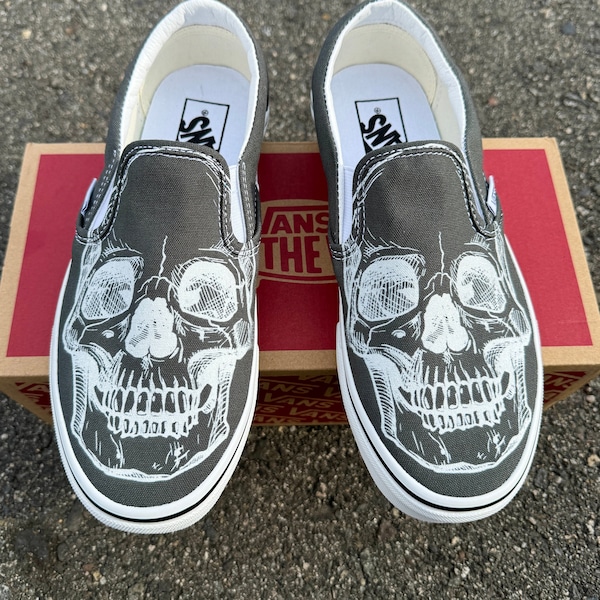 Custom Slip On Charcoal Vans - Skeleton Skull Head