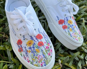 Flower Field Vans Authentic Shoes - Customized White Authentic Vans for Men and Women