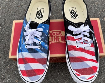 American Flag Red White And Blue Black/White Vans Authentic Lace Up Shoes - Custom Vans Shoes for Men and Women