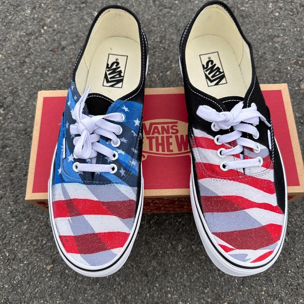 American Flag Red White And Blue Black/White Vans Authentic Lace Up Shoes - Custom Vans Shoes for Men and Women