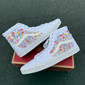 Flower Field Vans Sk8-Hi Shoes - Customized White Sk8-Hi Top Vans Sneakers for Women and Men