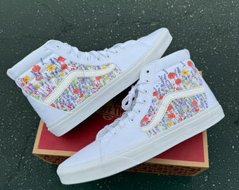 Flower Field Vans Sk8-Hi Shoes - Customized White Sk8-Hi Top Vans Sneakers for Women and Men