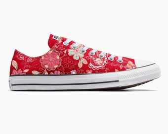 Custom Floral Embroidery Inspired Sneakers - Otomi Mexican Style Embroidered on Red Converse Chuck Taylor Shoes