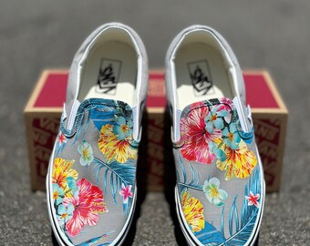 Tropical Floral Pattern on Gray Vans Slip on Shoes Men's and - Main Image
