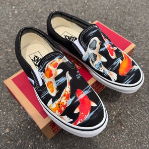 Koi Pond - Black Slip On Vans fancy carp fish Japanese goldfish koi garden great wave water relaxing cute kawaii ripples gold orange red