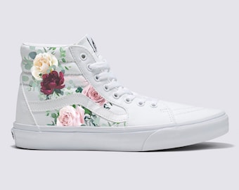 Whimsical Roses on White SK8-Hi Vans Shoes - Women's and Men's Custom Vans Sneakers