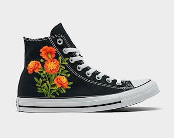 Custom Floral Sneakers - Marigold Flower Converse Black Chuck Taylor High Top Shoes