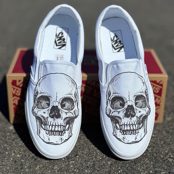 Custom White Slip on Vans Shoes - Skeleton Skull Head - Etsy display picture 3
