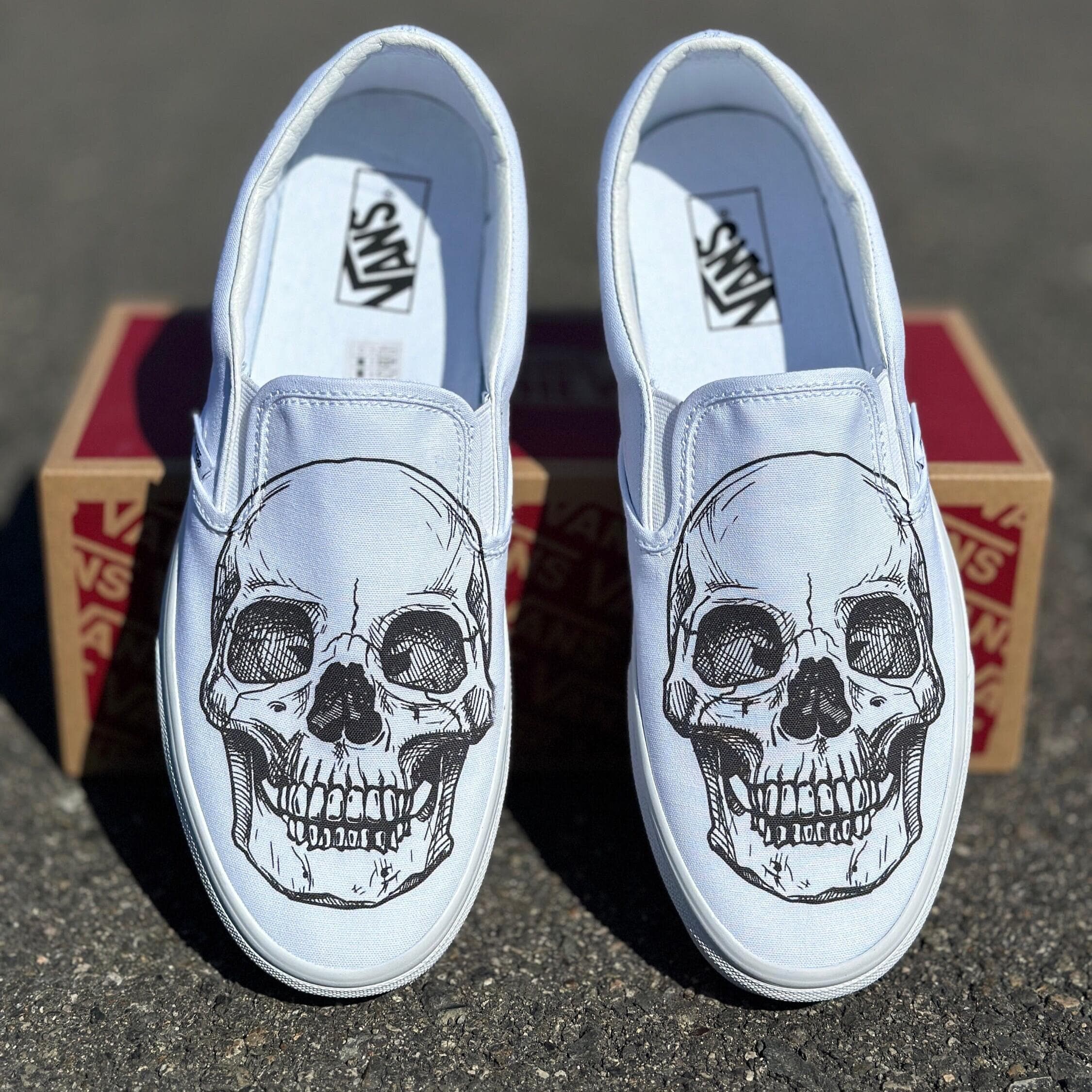 Custom White Slip On Vans Shoes - Skeleton Skull Head