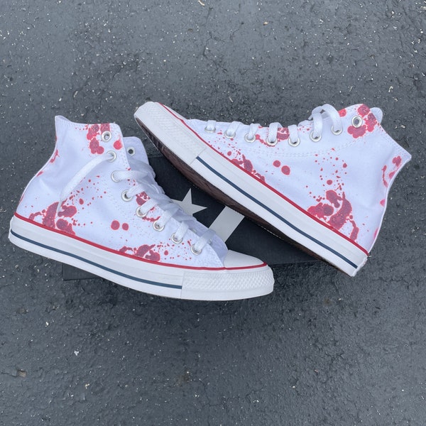 Blood Splatter White High Tops - Custom High Top Converse murder spooky scary horror half way to halloween costume knife fake blood splatter