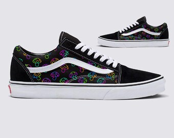 Rave Trippy Mushroom Shoes - Custom Vans Black Old Skool Shoes Psychedelic Colorful Abstract Groovy Funky Hippie Rainbow Shroom
