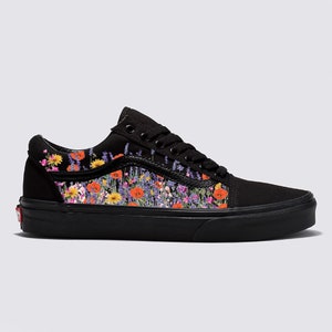 Flower Field Vans Old Skool Shoes - Customized Black/Black Old Skool Vans Sneakers for Women and Men