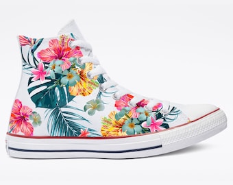 Tropical Floral Pattern on High Top Converse Shoes - Womens and Mens Custom Tie Lace Up Sneakers