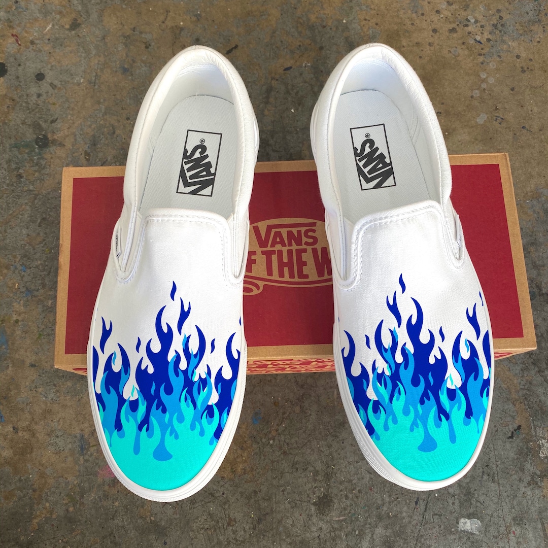 Hot Blue Flame Shoes Custom Vans White Slip on Dark Blue Neon Blue ...