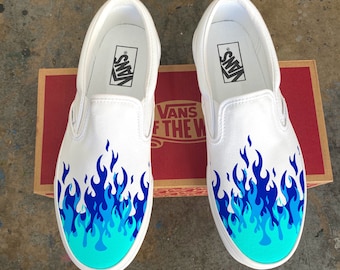 Hot Blue Flame Shoes - Custom Vans White Slip On Dark Blue Neon Blue Bright Blue Fire Hot Flame Hot Cheetos Azula Fire Nation Flames