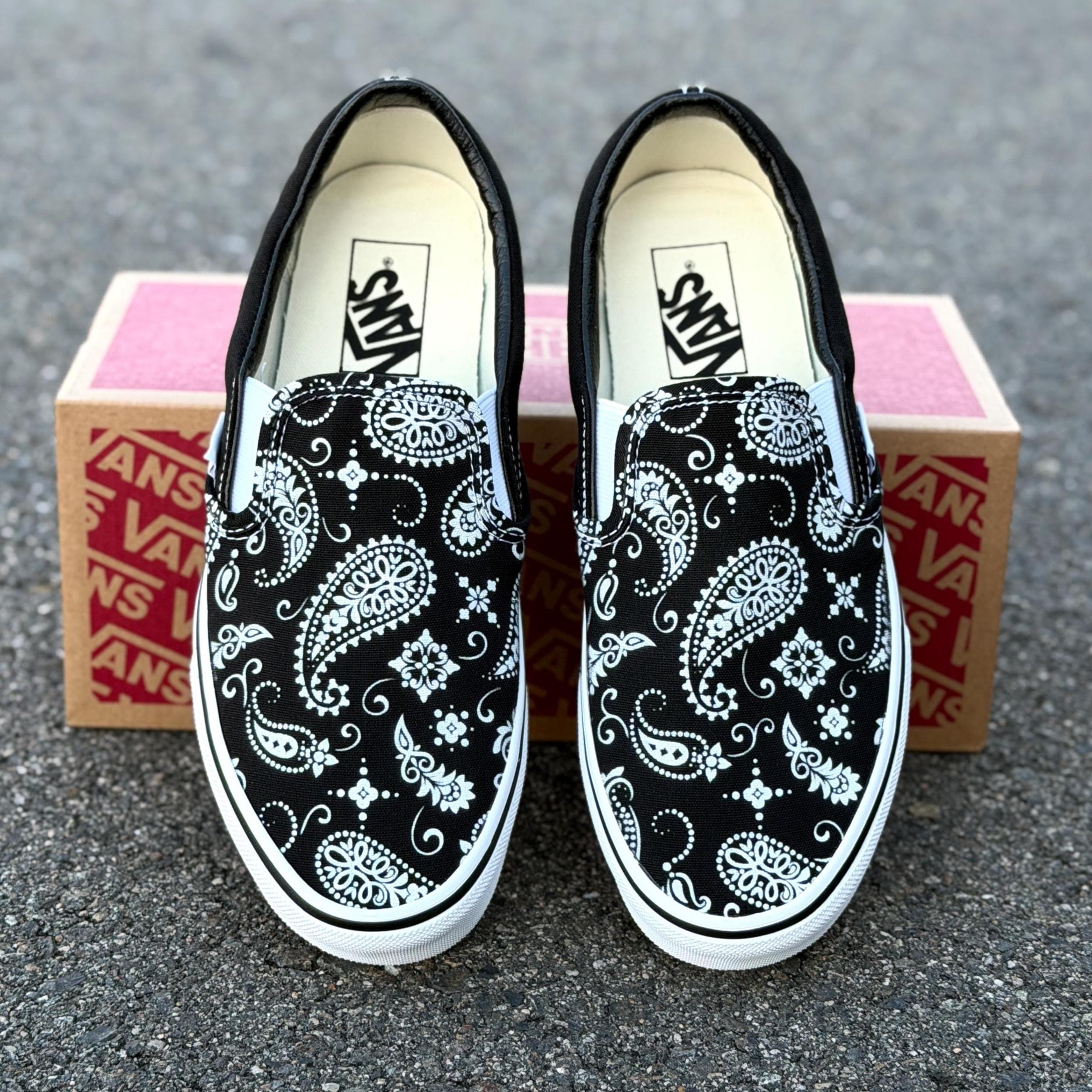 Black Bandana Paisley Print on Black Slip on Vans Shoes Custom
