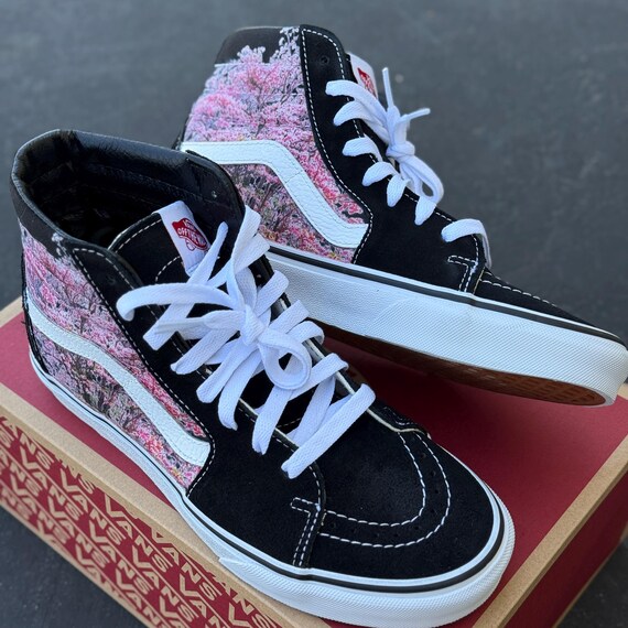 Cherry Blossom Custom Black Sk8 Hi Top Vans - Men's and Cherry Blossom Custom Black Sk8 Hi Top Vans - Men's and
