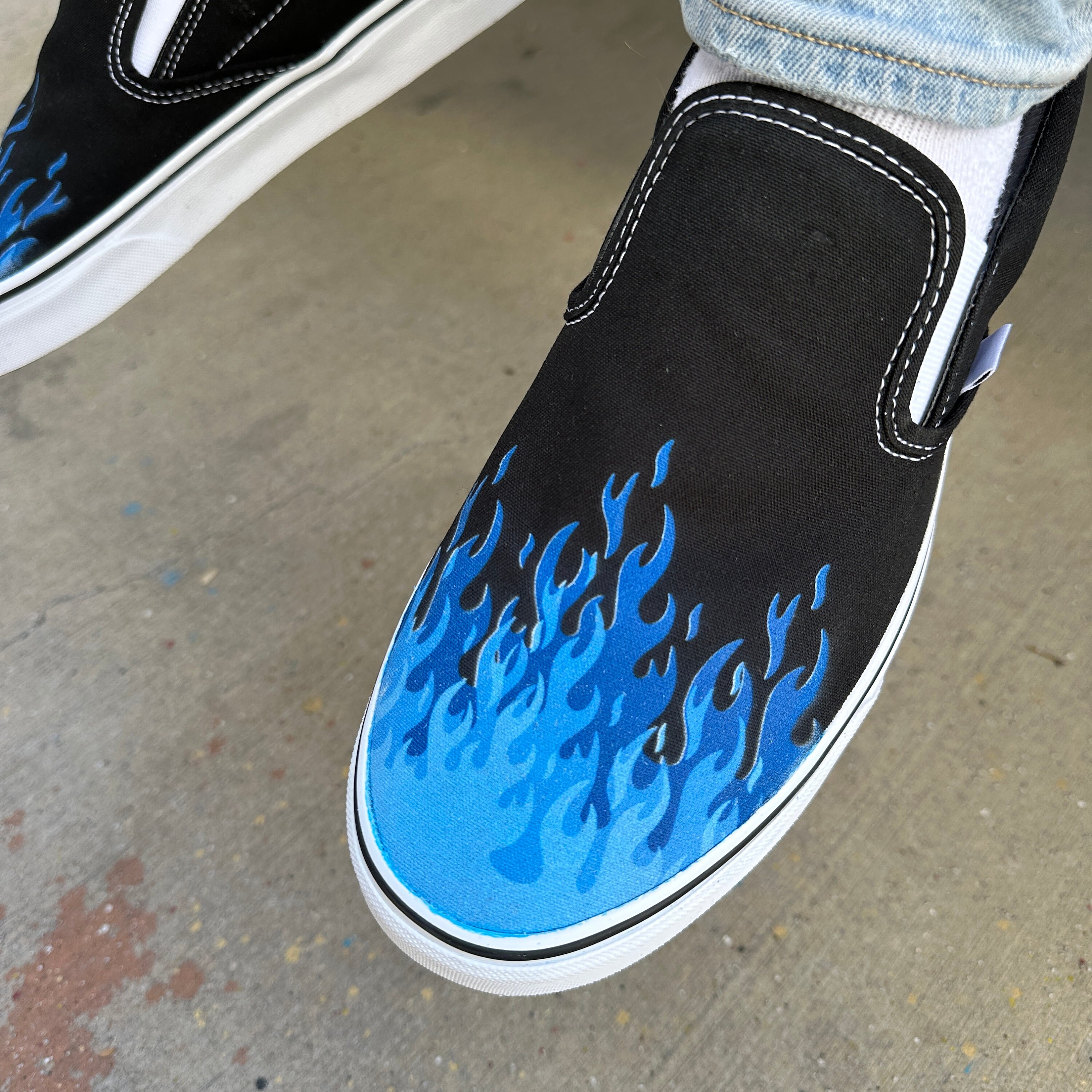 Checkerboard Blue Flame Custom Vans Brand Shoes 