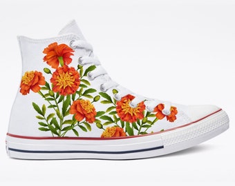 Custom Floral Sneakers - Marigold Flower Converse White Chuck Taylor High Top Shoes