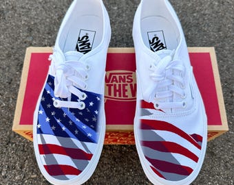 White Vans Authentic Shoes for Men and Women Featuring American Flag Made In USA
