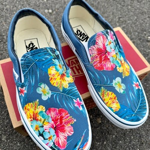 Tropical Floral Pattern on Navy Vans Slip On Shoes Men's and Women's Custom Vans Sneakers image 3