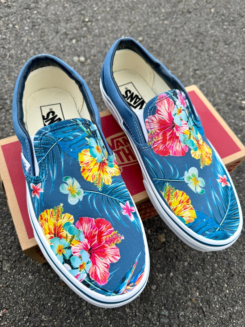 Tropical Floral Pattern on Navy Vans Slip On Shoes Men's and Women's Custom Vans Sneakers image 3