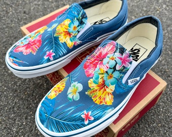 Tropical Floral Pattern on Navy Vans Slip On Shoes - Men's and Women's Custom Vans Sneakers