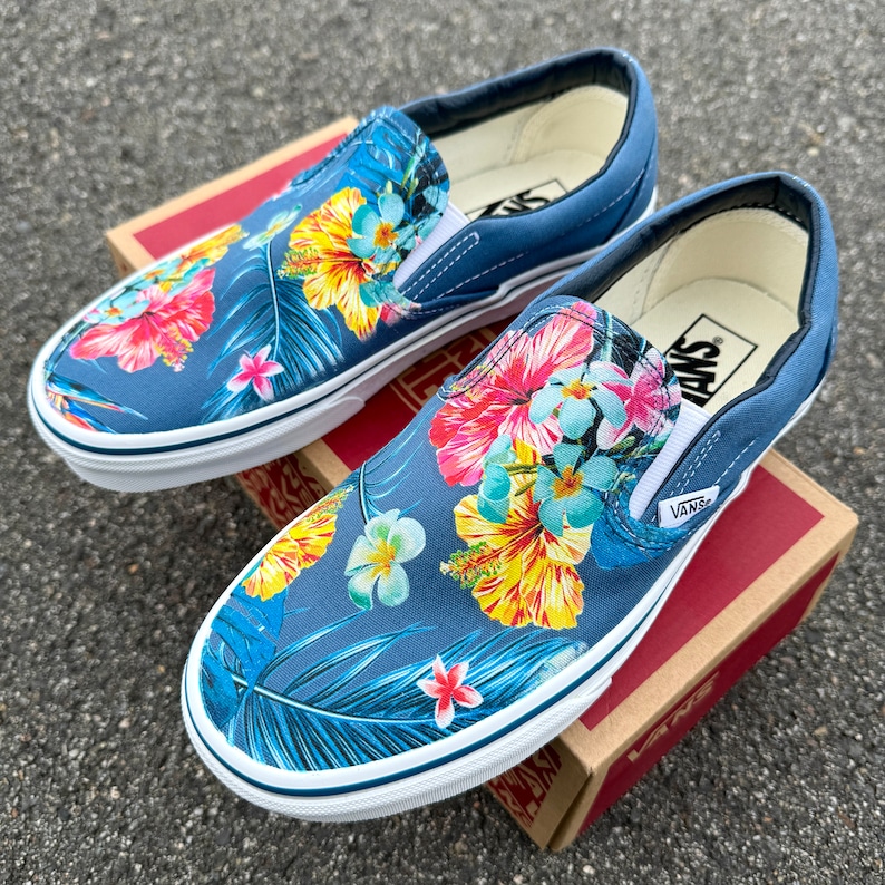 Tropical Floral Pattern on Navy Vans Slip On Shoes Men's and Women's Custom Vans Sneakers image 1