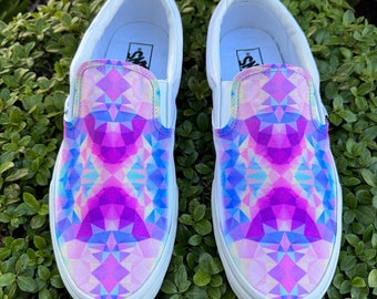 Kaleidoscope Geometric Pattern - Custom Vans White Slip On Shoes