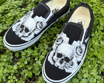 Skull and Rose Vans Slip On Shoes