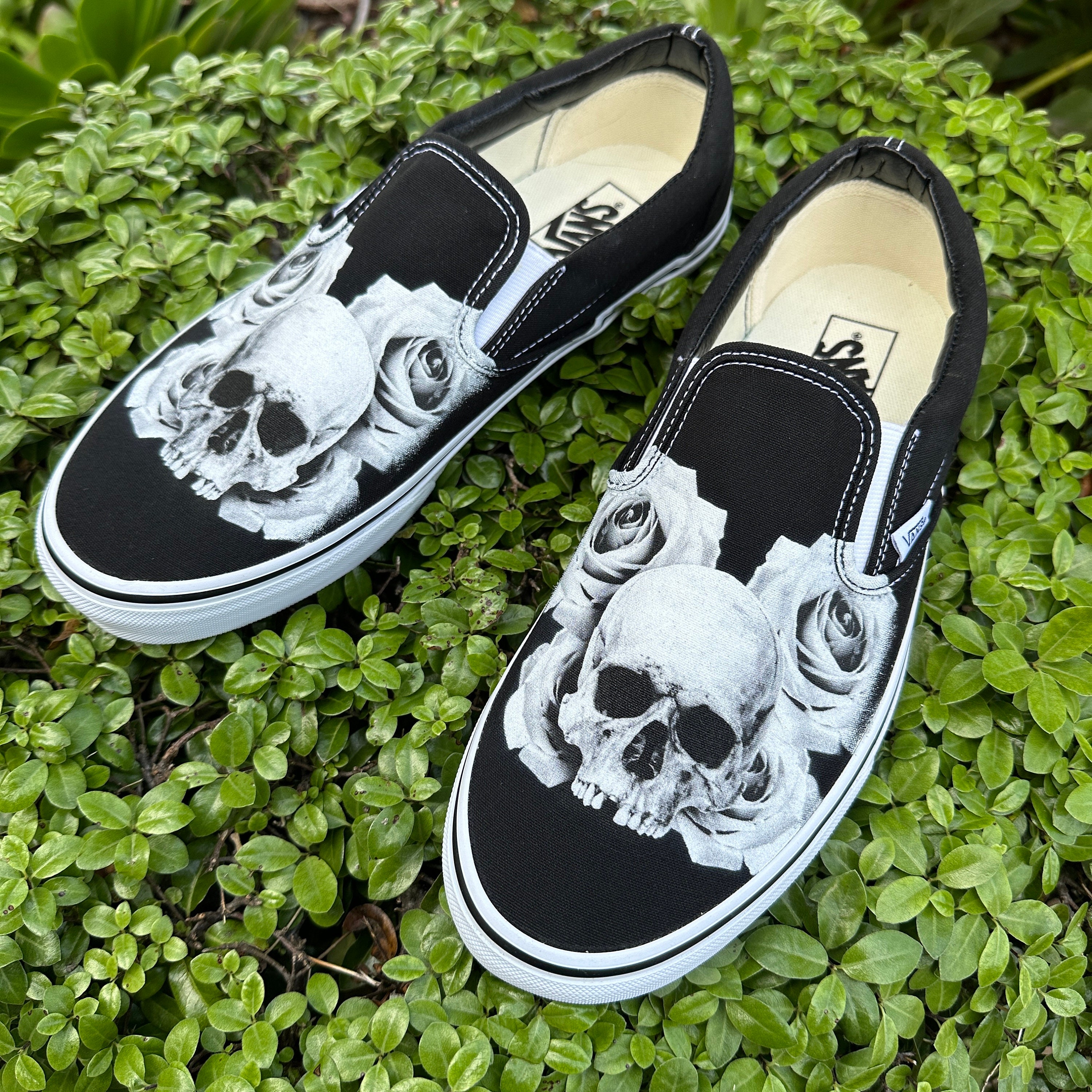 Skull and Rose Vans Slip on Shoes Etsy
