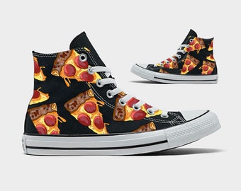 May include: Black high-top canvas sneakers with a pizza print. The shoes have white laces and a white rubber sole.