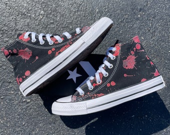 Blood Splatter Black High Tops - Custom High Top Converse murder spooky scary horror half way to halloween costume knife fake blood splatter