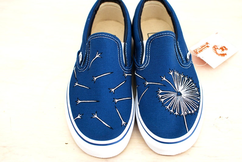 Hand Painted Dandelion on Navy Vans Slip Ons - Etsy