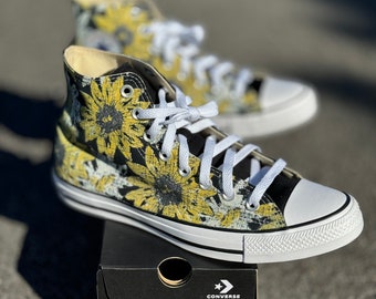 Customized Sunflower and Daisy Sneakers - Bohemian Inspired Flower Print on Converse Shoes for Men and Women